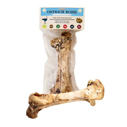 Ostrich bone with packaging labeled 'Ostrich Bone' on a white background